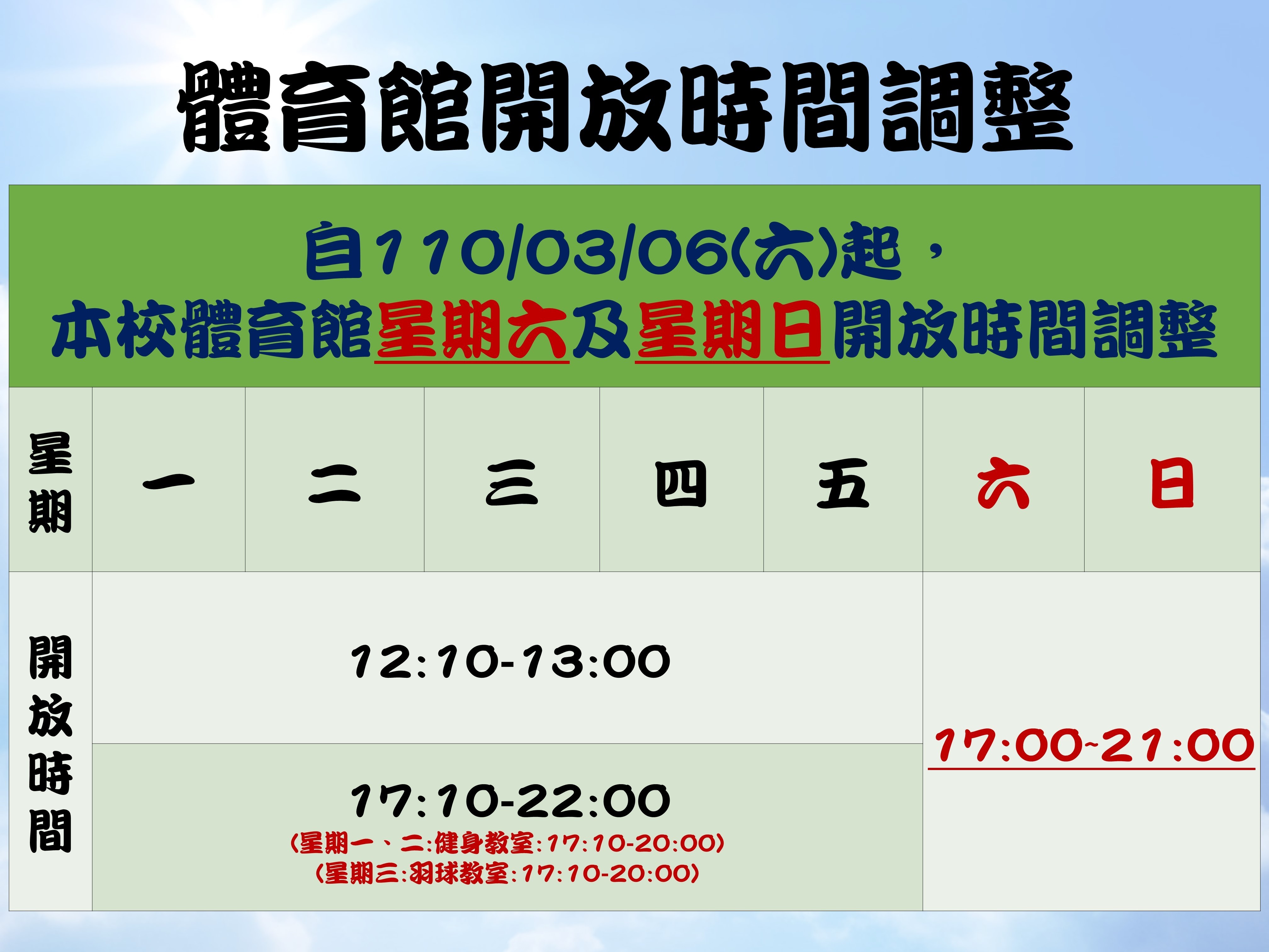 體育館星期六及星期日開放時間調整為17:00-21:00